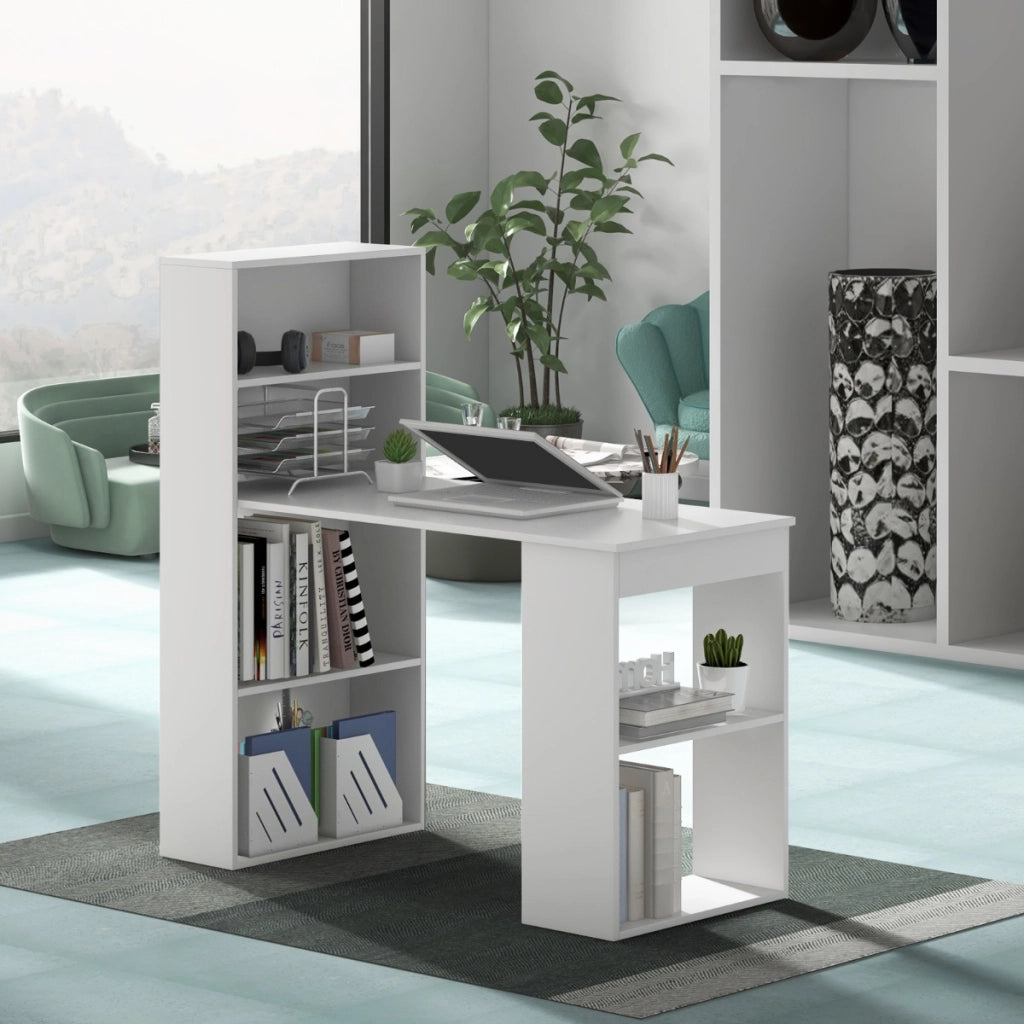 Scrivania per computer da 122cm con libreria-Postazione di studio moderna compatta con 6 ripiani Bianco