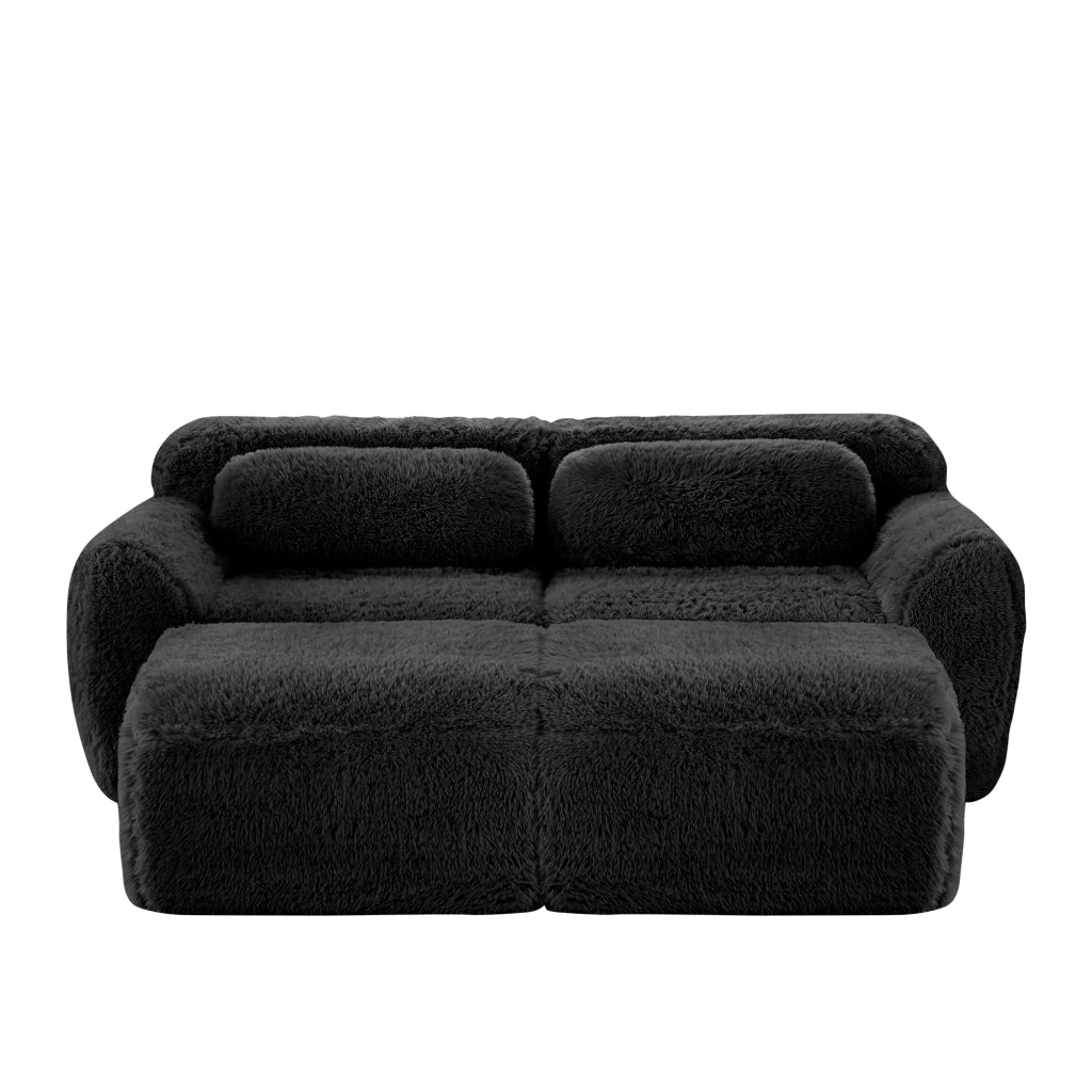 Divano Modulare 2 Posti con 2 Pouf; senza Montaggio; in Peluche; Nero