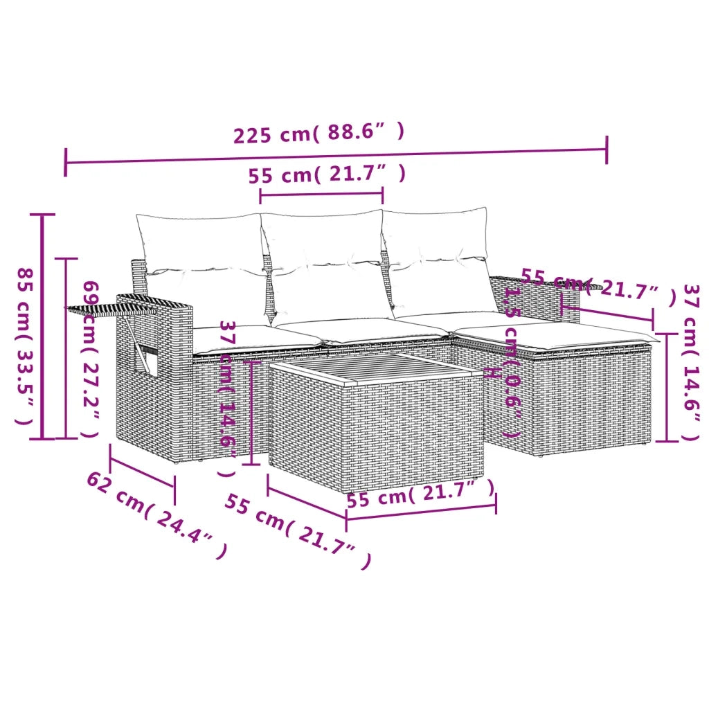 Set Divano da Giardino 5 pz con Cuscini Beige in Polyrattan