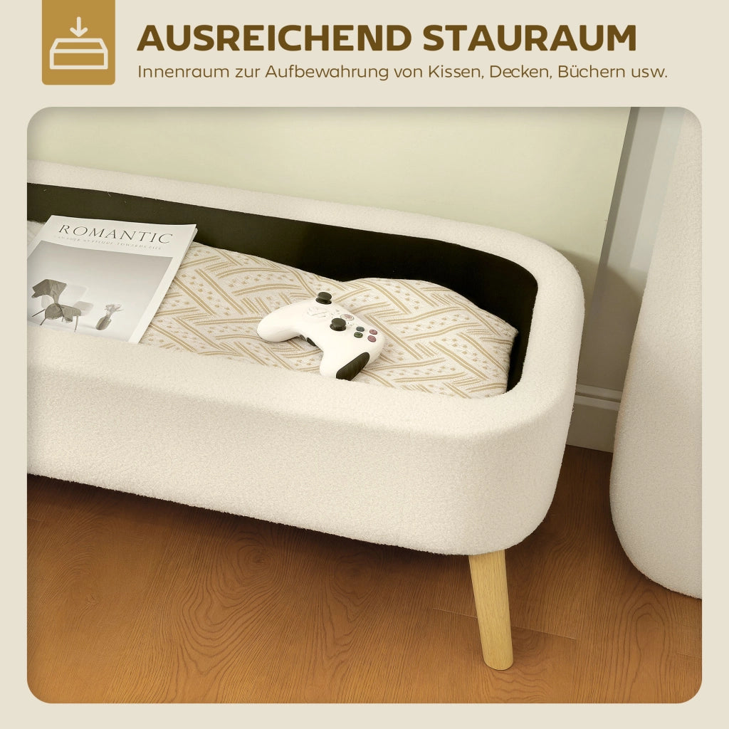 Cassettiera con panca imbottita, 5 cassetti, stoffa in pile, legno di gomma, beige ¨C Minimal ¨C 120x42x45 cm