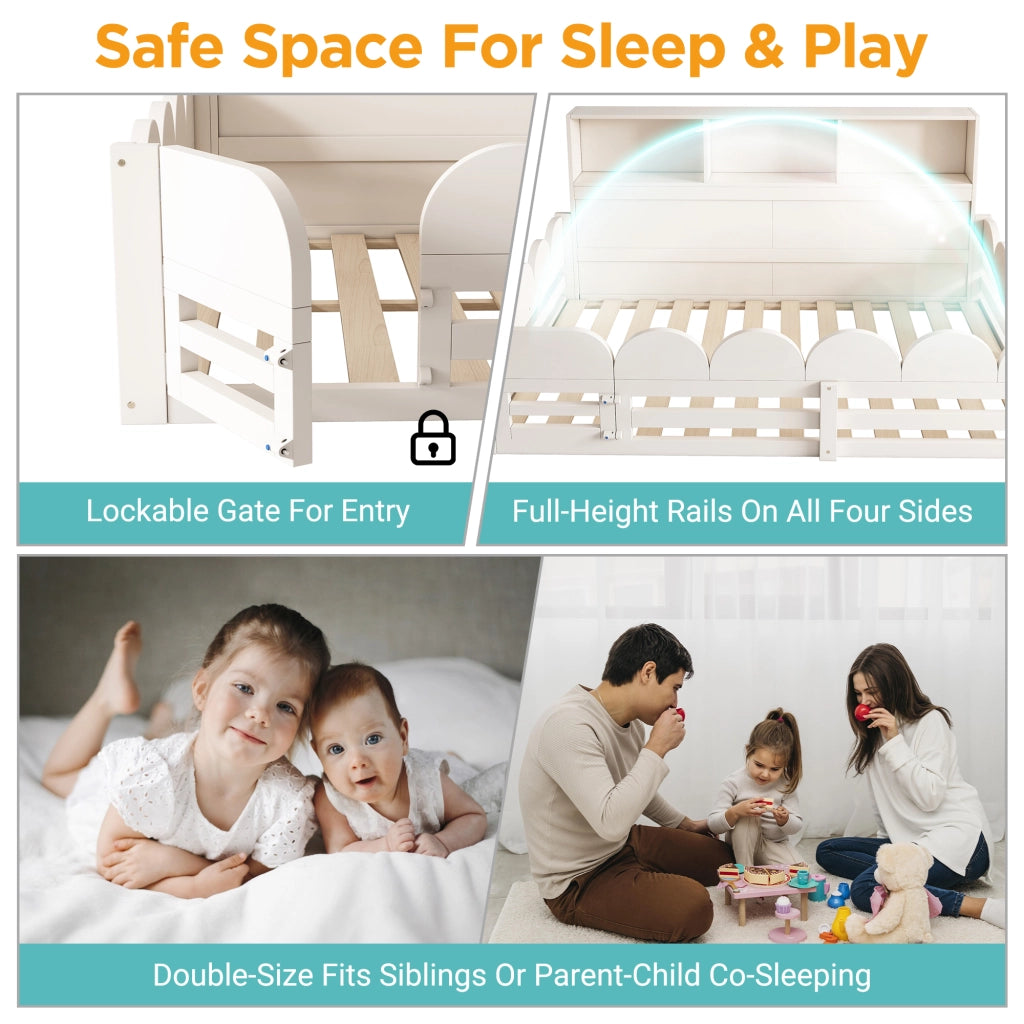 Letto per bambini 140x200 cm, con sponde di sicurezza e vano contenitore, in MDF, bianco