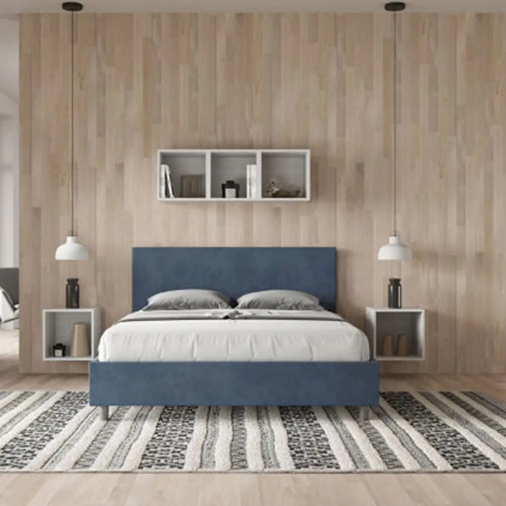 Letto matrimoniale con rete imbottito 160x210 microfibra blu Adele