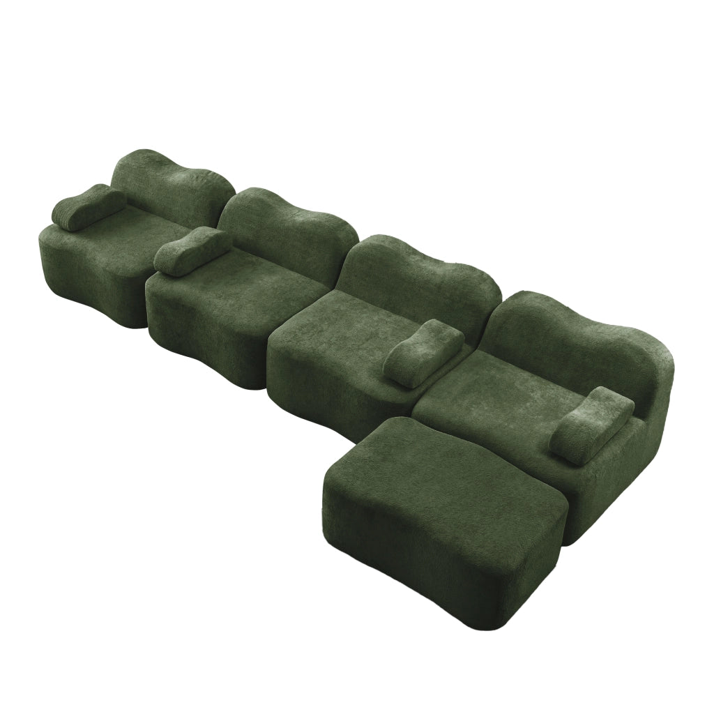 Divano Angolare Modulare 4 Posti con Ottoman ¨C MINIMAL ¨C Tessuto Verde, Cuscini Morbidi