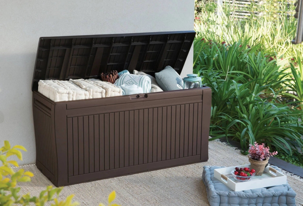 Cassapanca outdoor Gatineau, Baule da giardino, Contenitore da esterno, Panchina contenitore da esterno, 117x45 h57 cm, Marrone