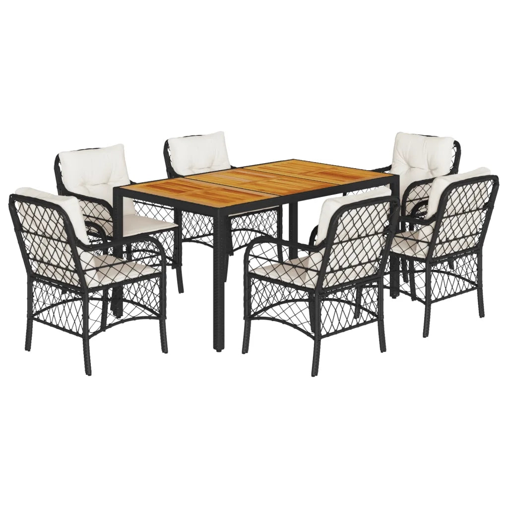 Set da Pranzo da Giardino 7 pz Nero con Cuscini in Polyrattan