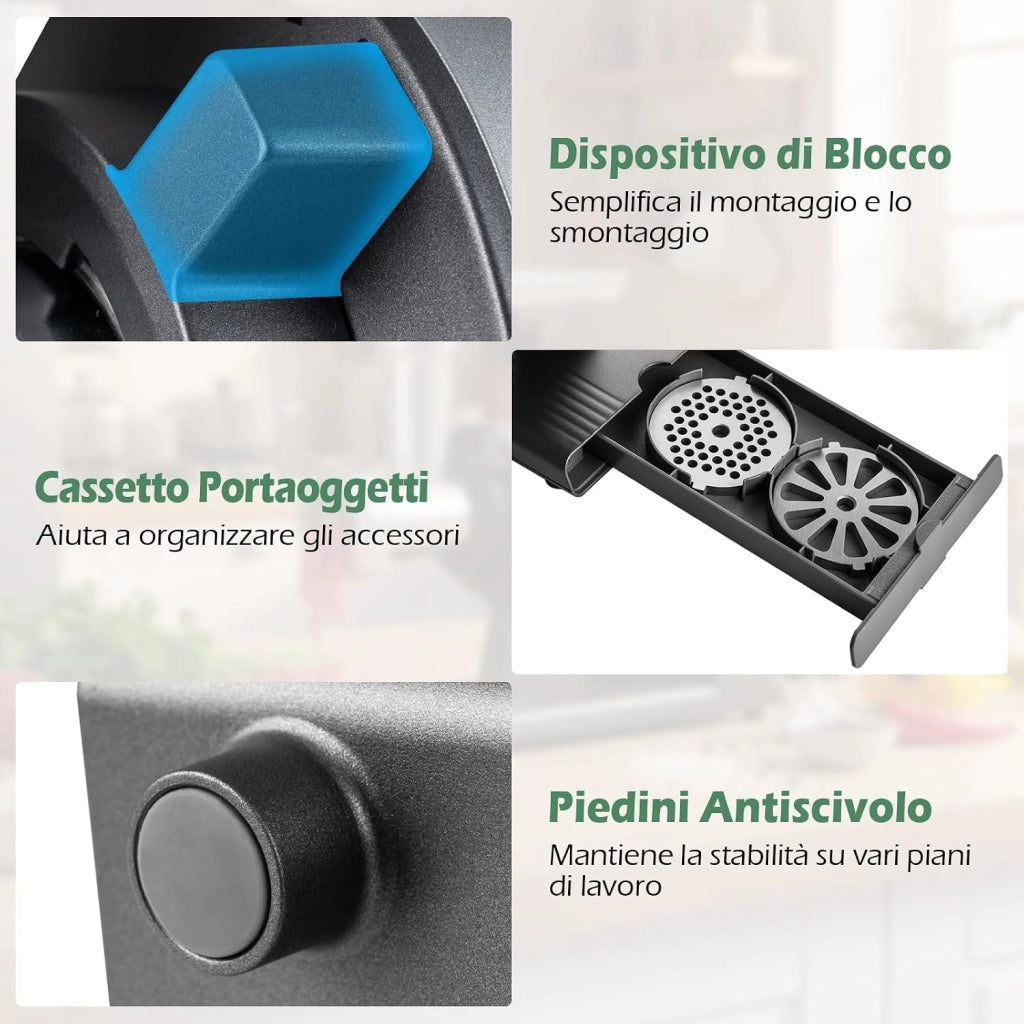 2000W Tritacarne Elettrico con Insaccatore per Salsicce, 3 Tubetti per Salsicce, 3 Dischi per Macinare, Kit Kibbe, Lama, Spingitore e Cassetto, Tritacarne in Alluminio per Cucina