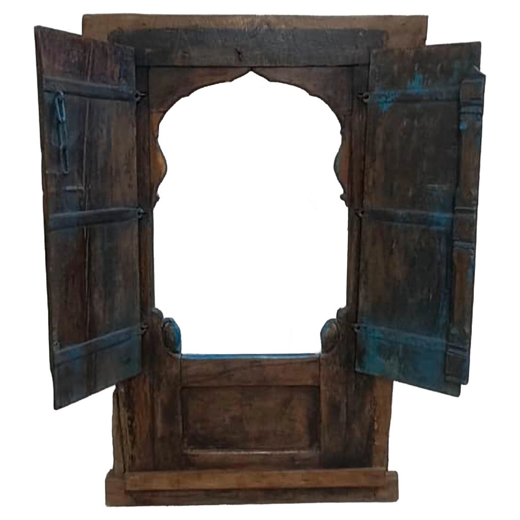 Finestra in legno con finitura artigianale blu, 104x112x155h cm