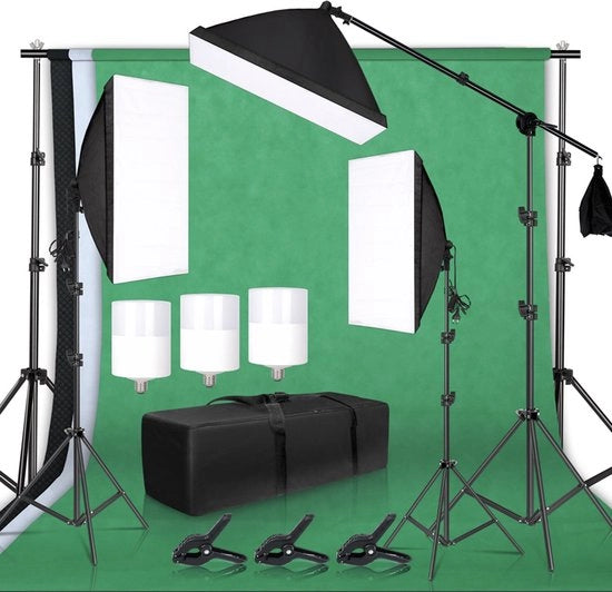 Kit di studio fotografico - Softbox - Lampada studio - Greenscreen con sistema di sfondo - Tripode - Offerta nera - Regalo di Natale