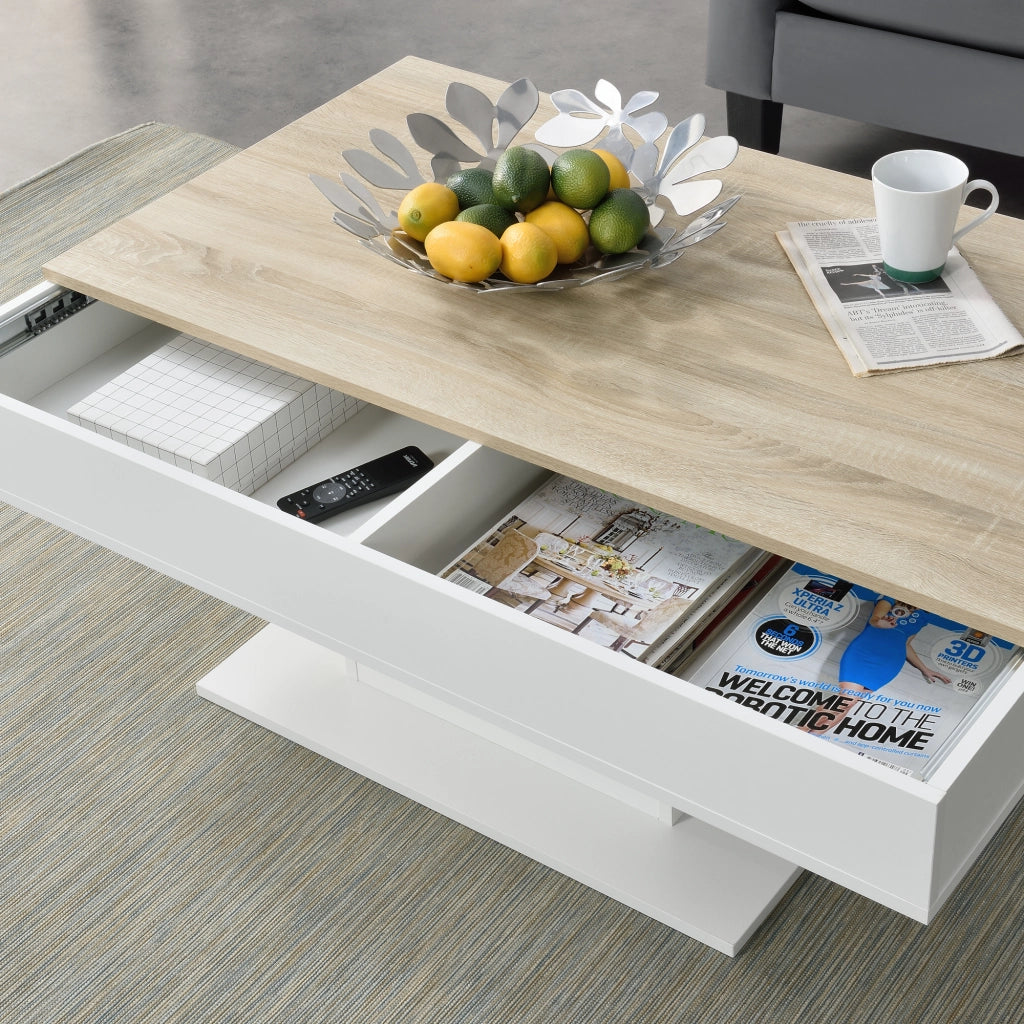 Tavolino da Salotto Lünen con Piano Scorrevole 40 x 110 x 60 cm Bianco / Effetto Rovere [en.casa]
