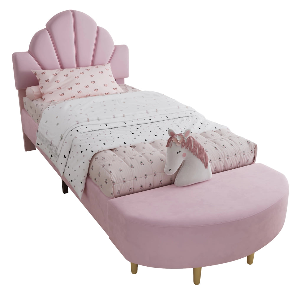 Upholstered Bed;90x200 cm;with velvet headboard;including bench;pink