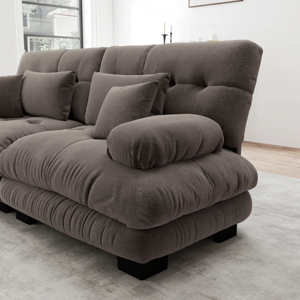 Divano Angolare Chenille con Ottoman ¨C Xylo ¨C Marrone, Braccioli Larghi, Cuscini