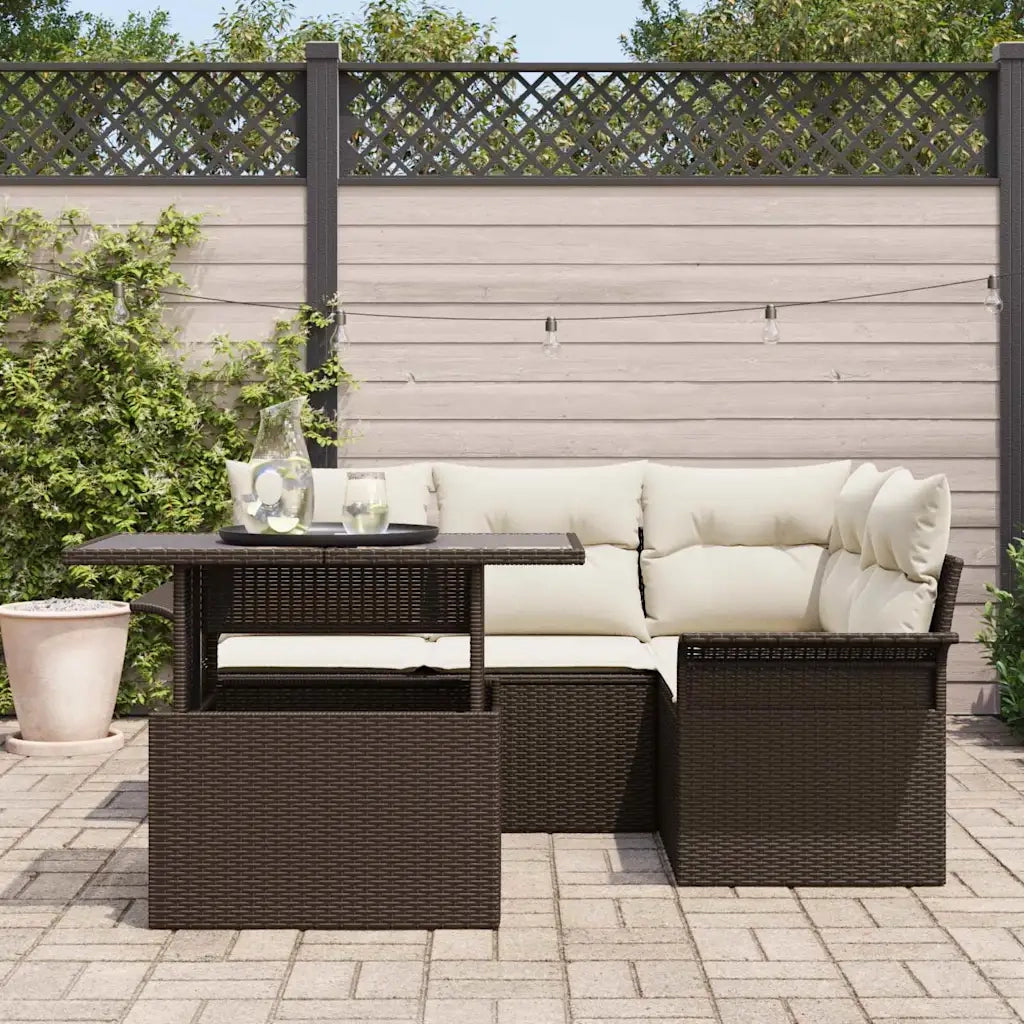 Set Divano da Giardino con cuscino 5 pcs Marrone Poly Rattan