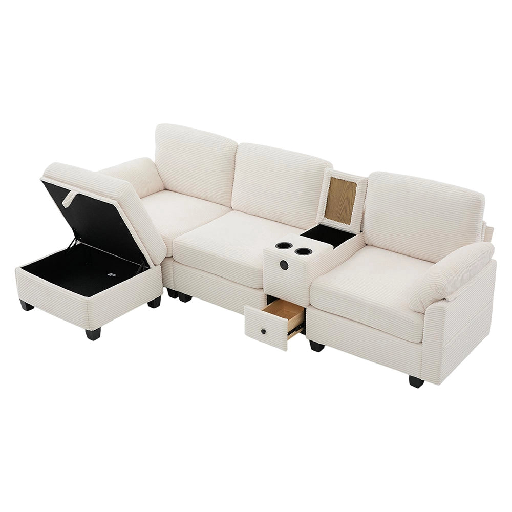 Divano grande in velluto - Xylo - Con console centrale USB-C e pouf