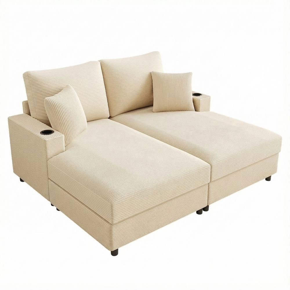 Divano letto XXL - Xylo - Doppio, USB, porta bicchieri, beige, imbottito
