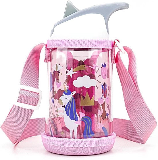 Porta acqua trasparente con cinturino per viaggio - adatto per flaconi per bambini - fondo rigido - compatibile con 14oz flaconi d'acqua e 12oz flaconi junior