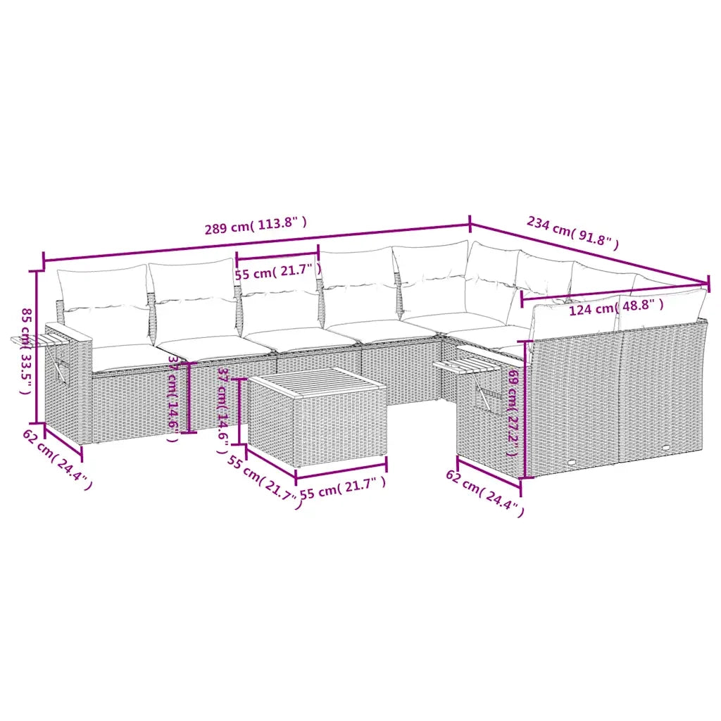 Set Divani da Giardino 10 pz con Cuscini Grigio in Polyrattan 3227153