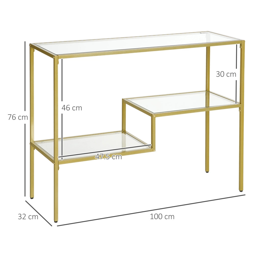 EasyComfort Consolle da Ingresso a 3 Ripiani in Acciaio e Vetro Temperato, 100x32x76 cm, Oro