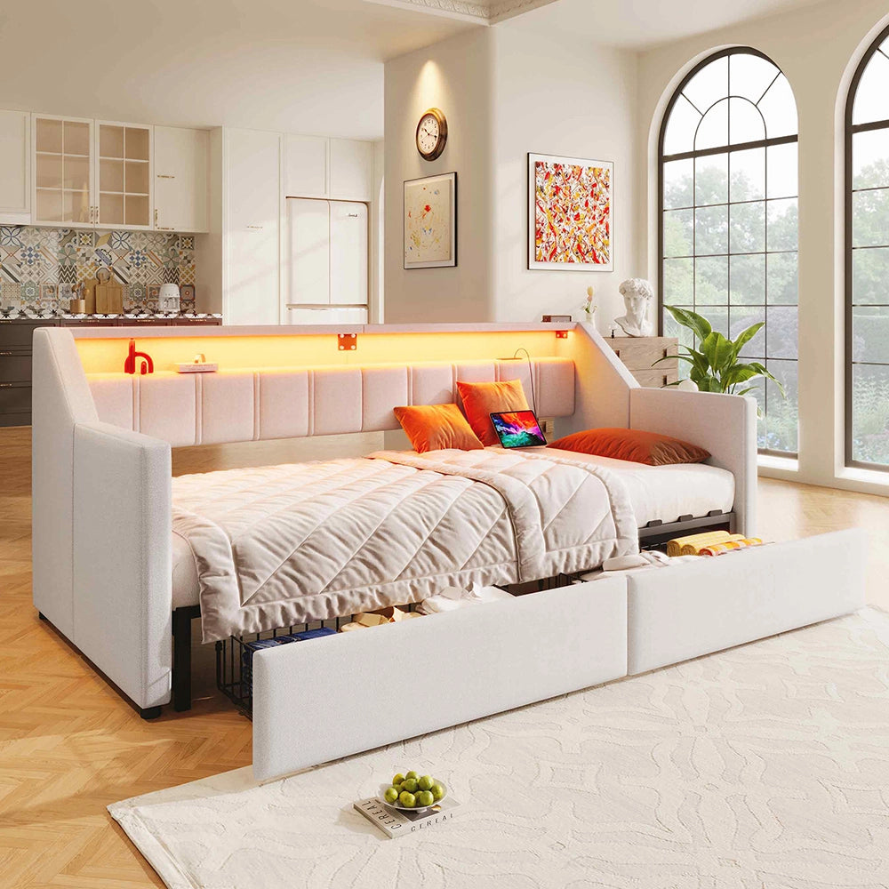 Daybed - Xylo - 90x200 cm LED USB 2 cassetti beige