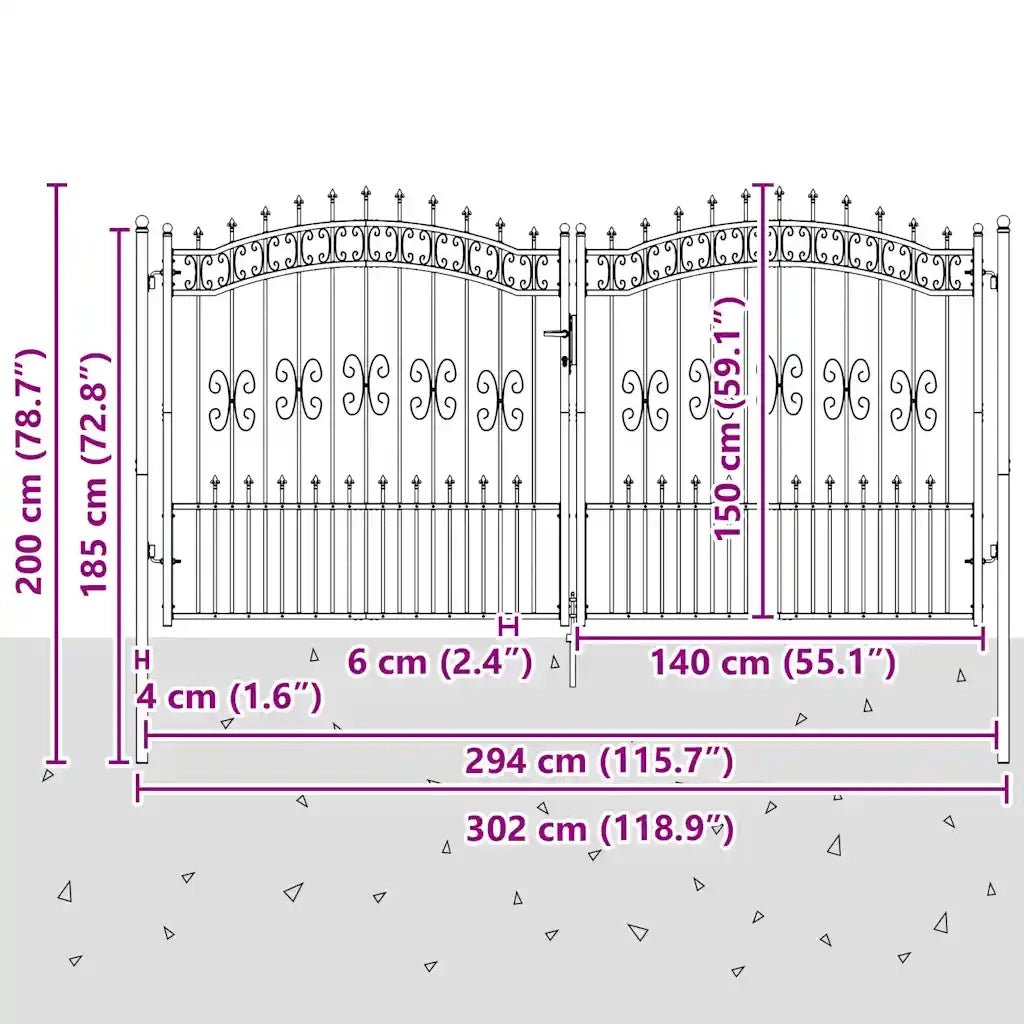 Cancello per recinzione Kampen con punta a lancia Nero 302x150 cm in acciaio 151097