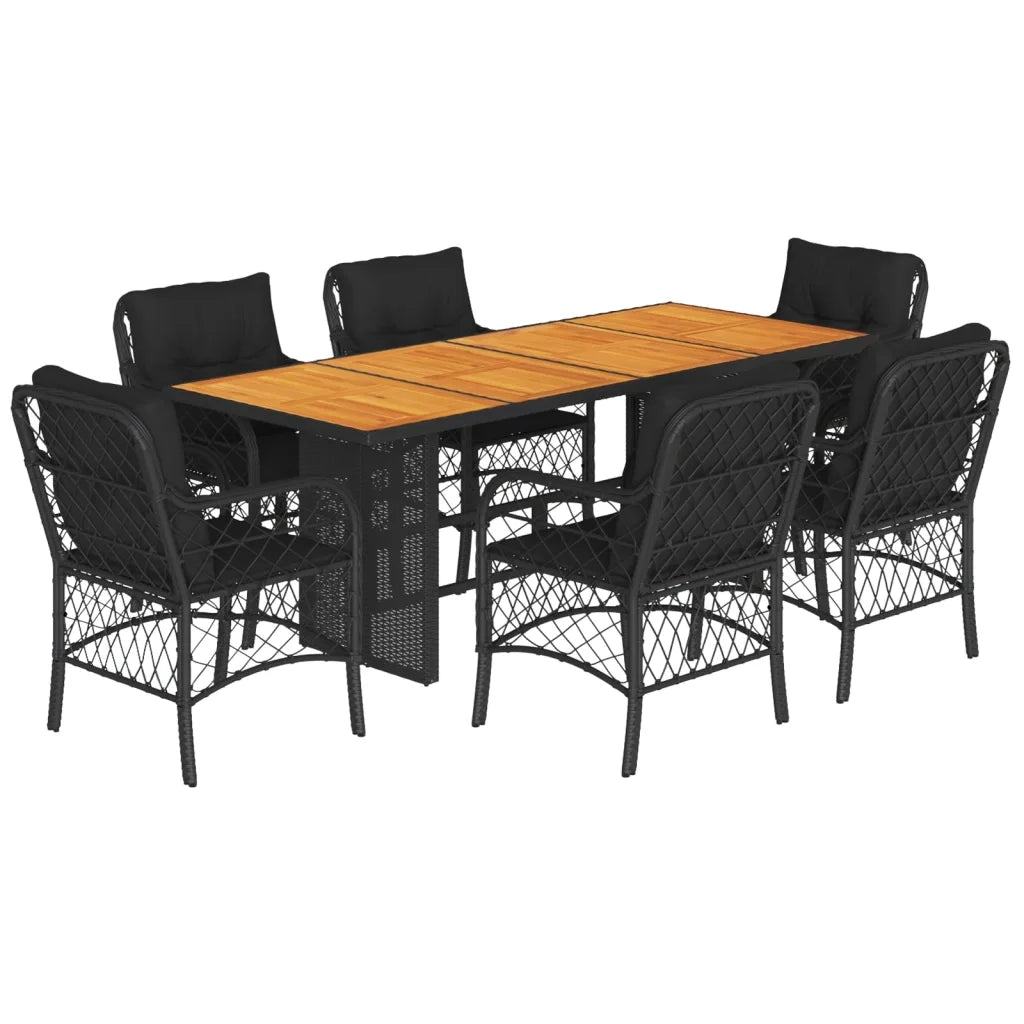 Set da Pranzo da Giardino 7 pz Nero con Cuscini in Polyrattan