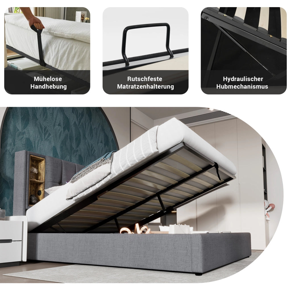 LETTO Contenitore 160x200 cm con ricarica wireless, Grigio, Cotone