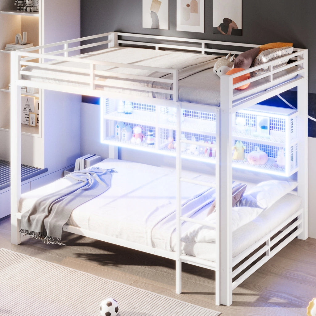 Letto a castello 140x200 con armadietti e LED - Xylo - Bianco