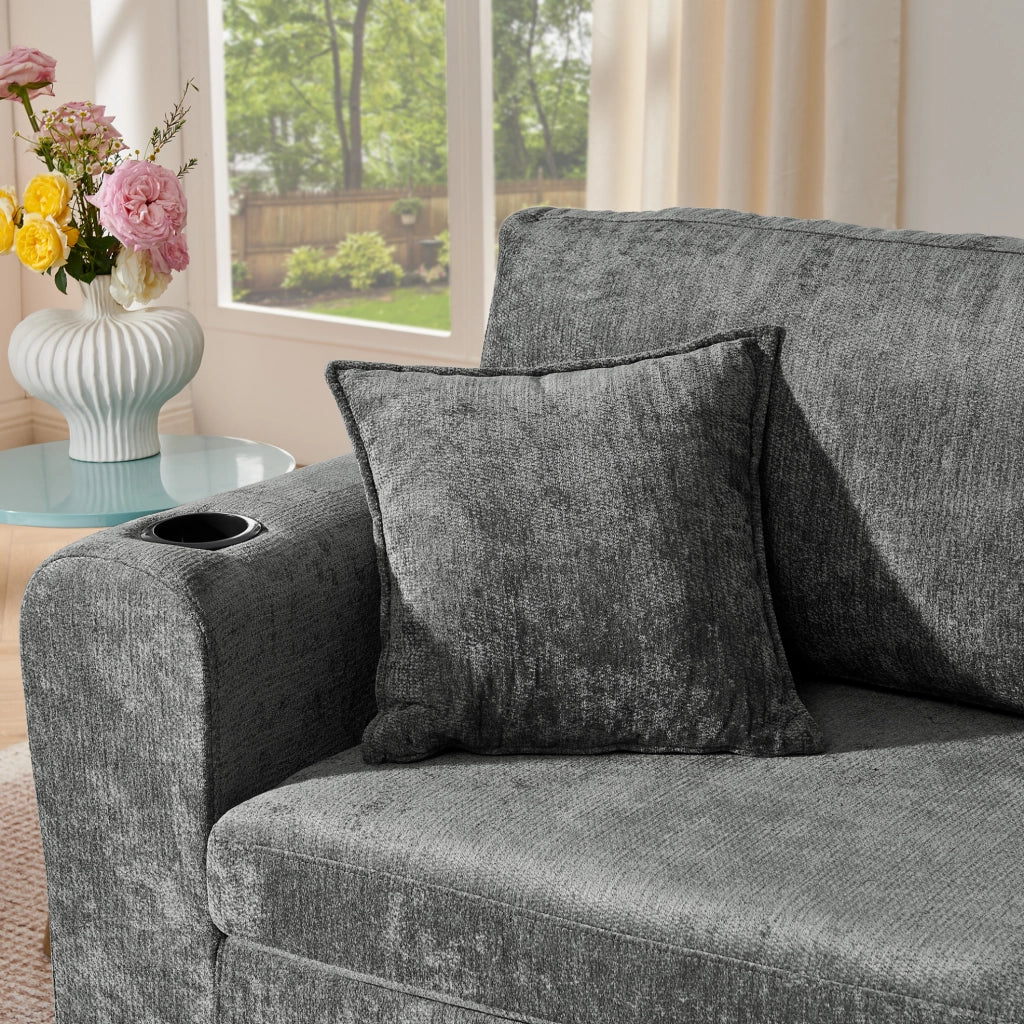 Divano relax 2 posti in chenille grigio con USB; tasche laterali; portabicchieri e cuscini