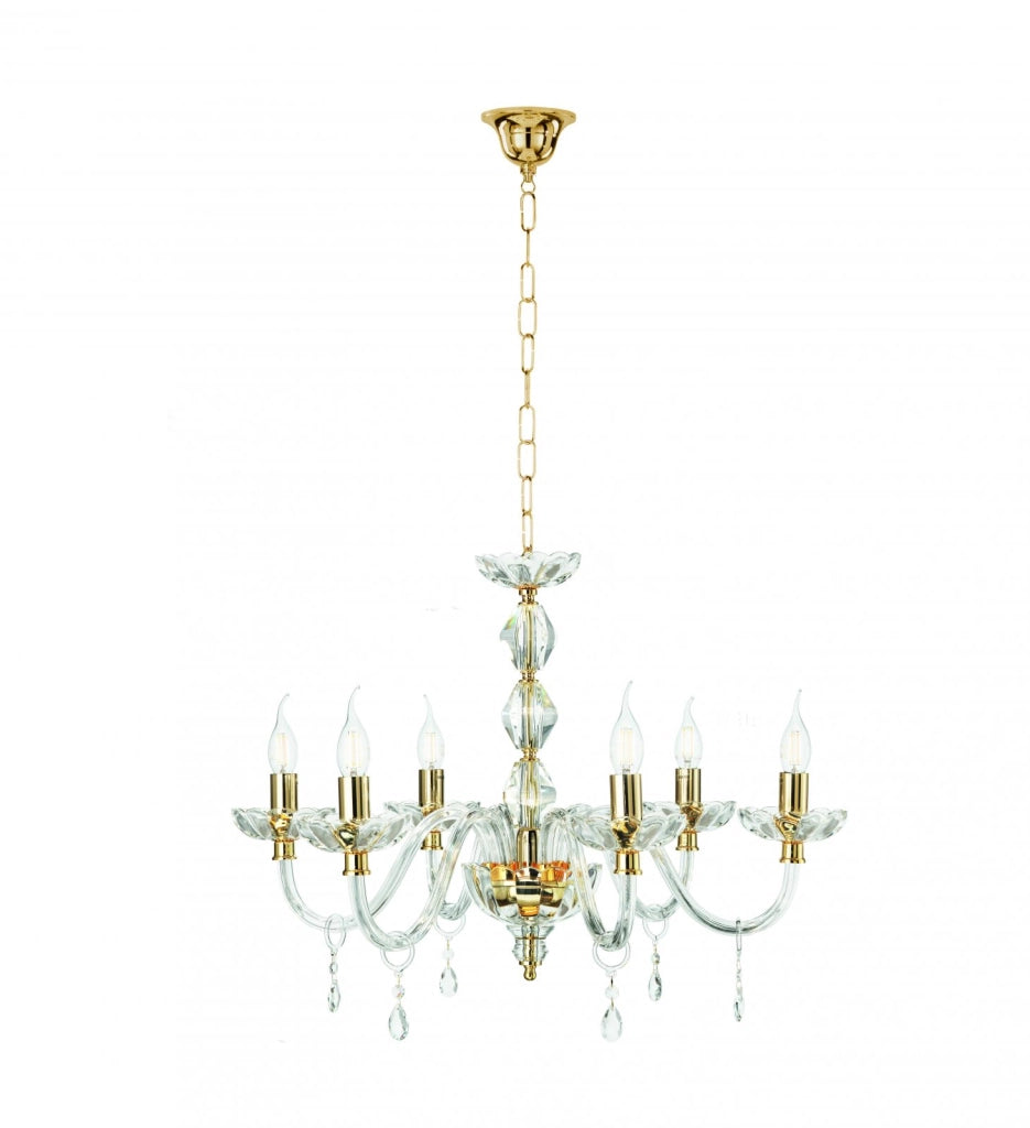 LAMPADARIO BRIGIDA 6 LUCI CRISTALLO E ORO ATTACCO E14 D.70CM