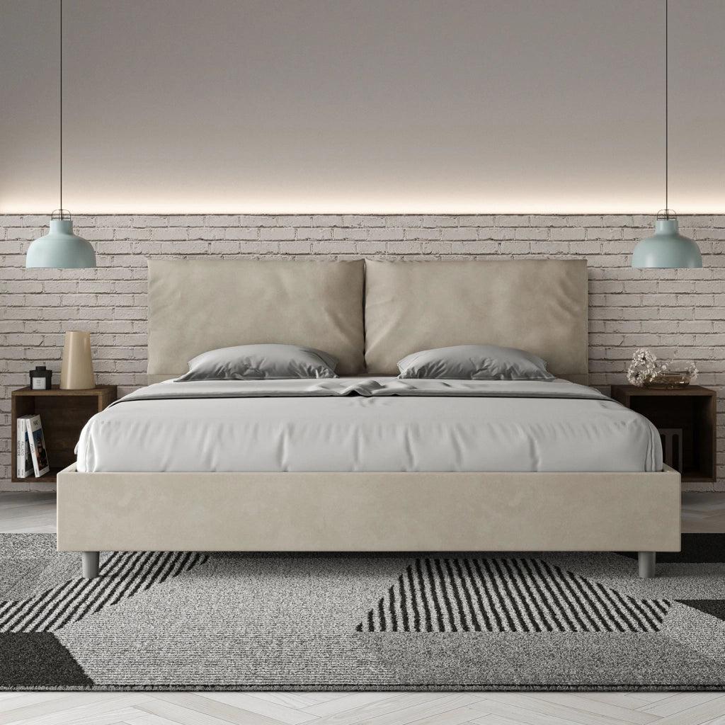 BS COM Letto matrimoniale king size con rete imbottito 200x200 microfibra sabbia
