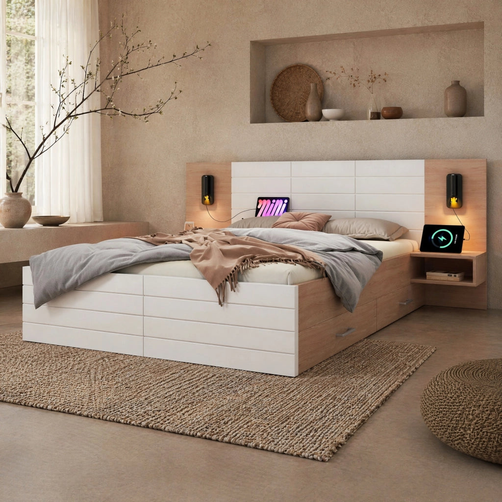 LETTO Contenitore 140x200 cm Bianco e Rovere con 2 cassetti