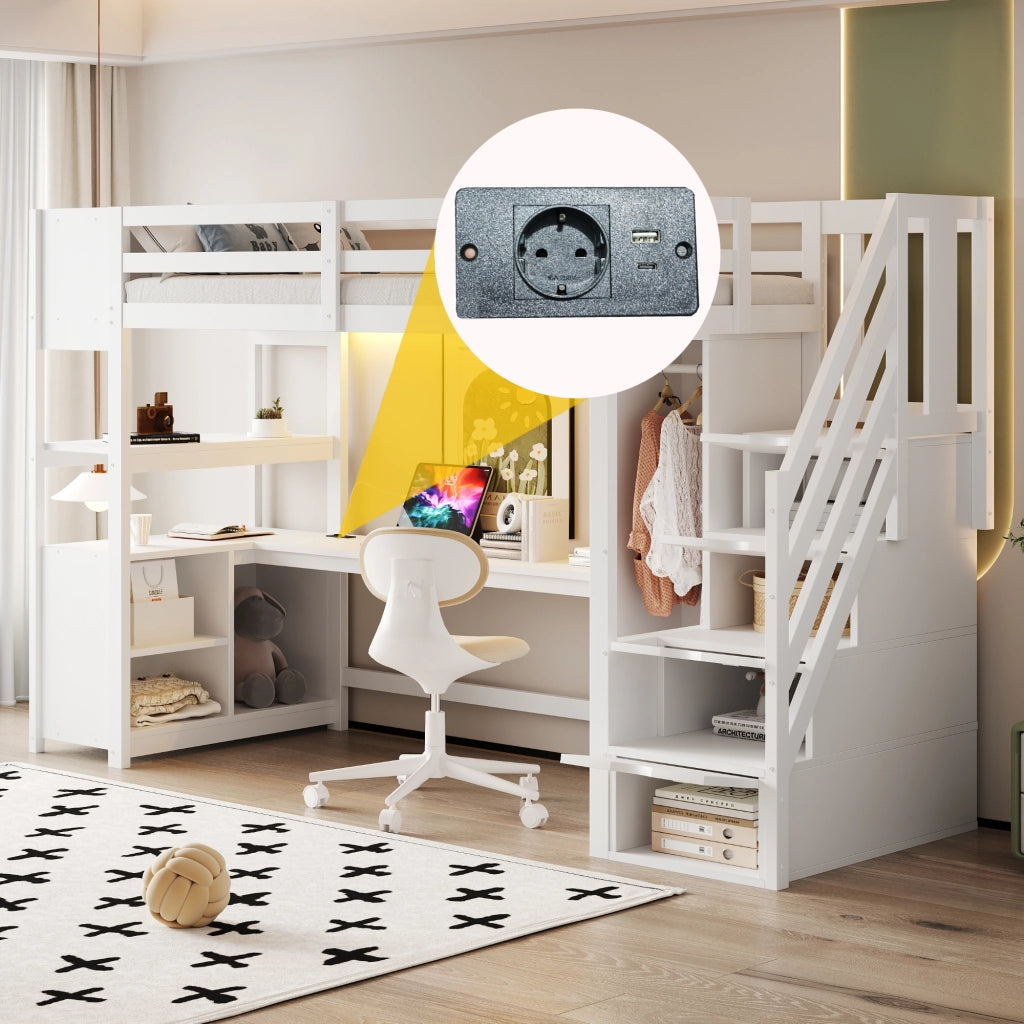 Letto a Soppalco con Scrivania e Armadio ¨C MINIMAL ¨C Legno Bianco, LED, 90x200