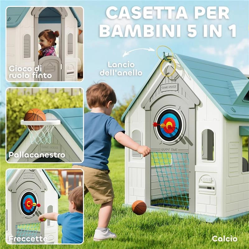 CASETTA PER BAMBINI 5 IN 1 IN PP MULTICOLORE CON PALLA DA BASKET, ANELLI E FRECCETTE, 132X118X124 CM