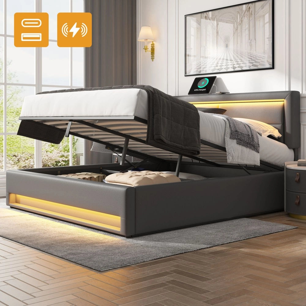 Letto Imbottito con LED e Contenitore ¨C Xylo ¨C Grigio, 140x190, USB