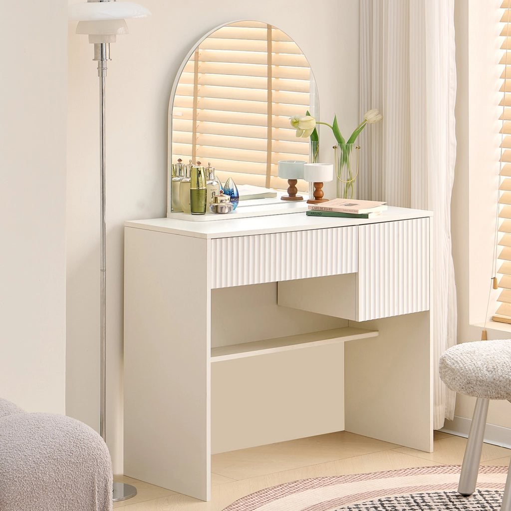 SCHMINKTISCH con specchio curvo, 2 cassetti, MDF bianco