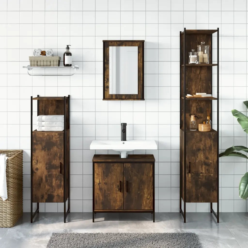 Set Mobili da Bagno | Armadio da bagno 4 pz Rovere Fumo in Legno Multistrato
