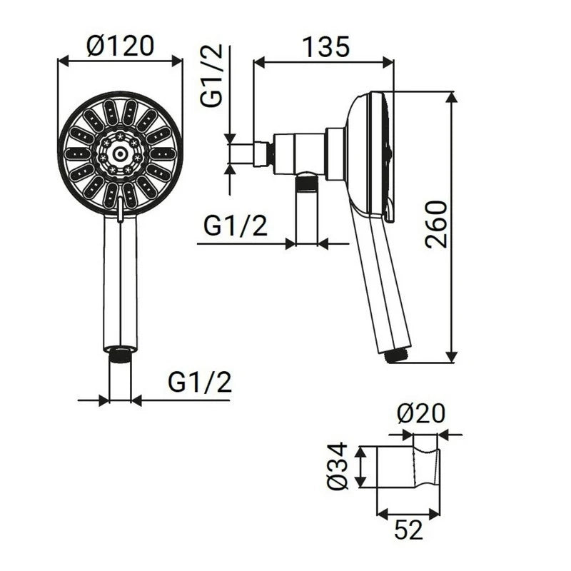Kit doccia e soffione magnetico 8 getti, flessibile 150 cm e supporto a muro cromato - serie Peonia
