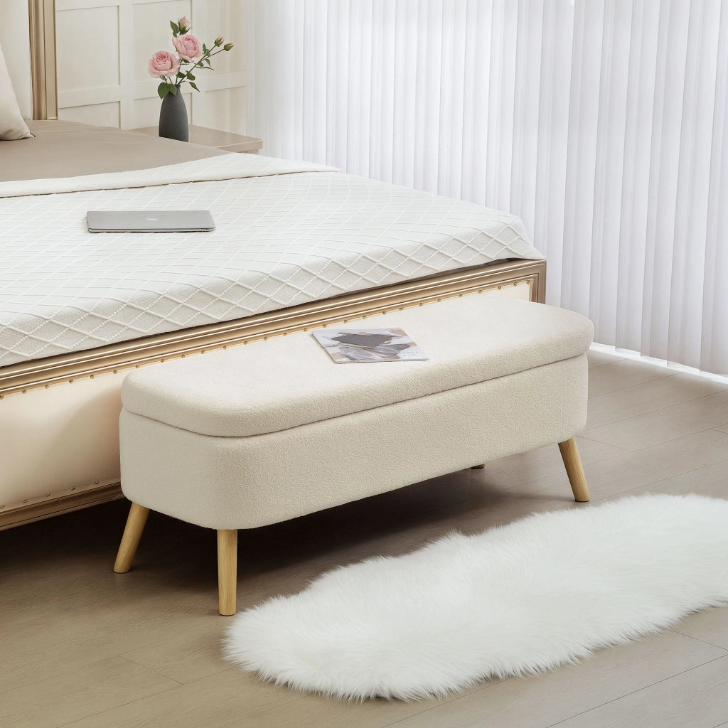 Cassettiera con panca imbottita, 5 cassetti, stoffa in pile, legno di gomma, beige ¨C Minimal ¨C 120x42x45 cm