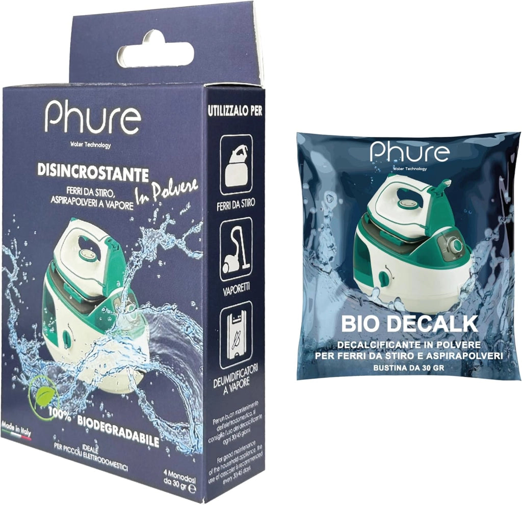 PHURE Decalcificante per Ferri da stiro, Aspirapolveri, Deumidificatori in Polvere Monodose, piccoli elettrodomestici, compatibile con tutte le marche 100% Biodegradabile, ECO Made in Italy, 4 Lavaggi