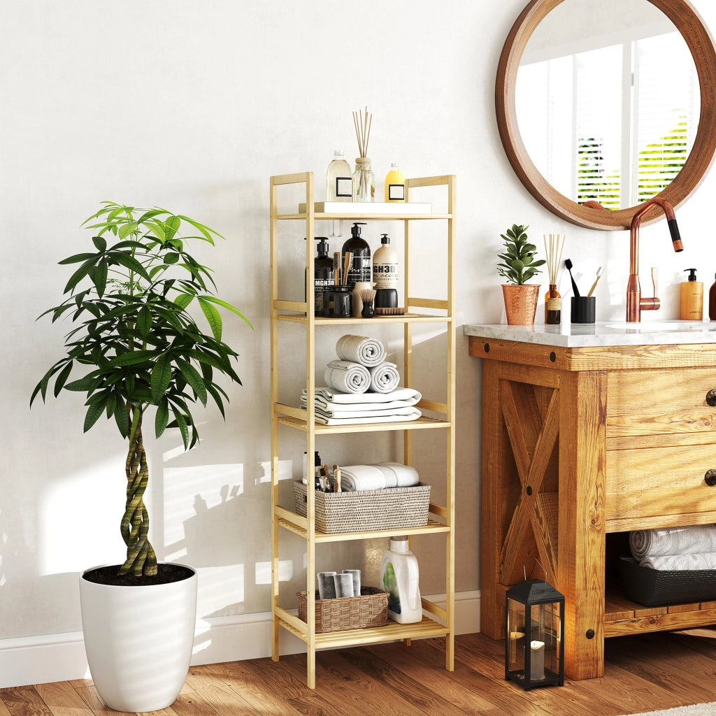 Scaffale Bagno 43,5x31,5x142 cm  a 5 Ripiani Regolabili in Bambù