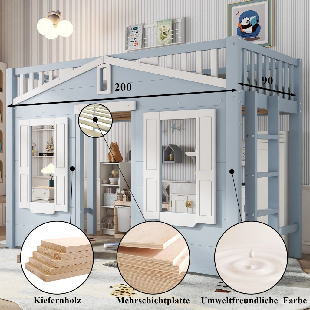 Letto a Soppalco 90 x 200 cm - Scala Reversibile e Finestra - Legno e MDF - Blu