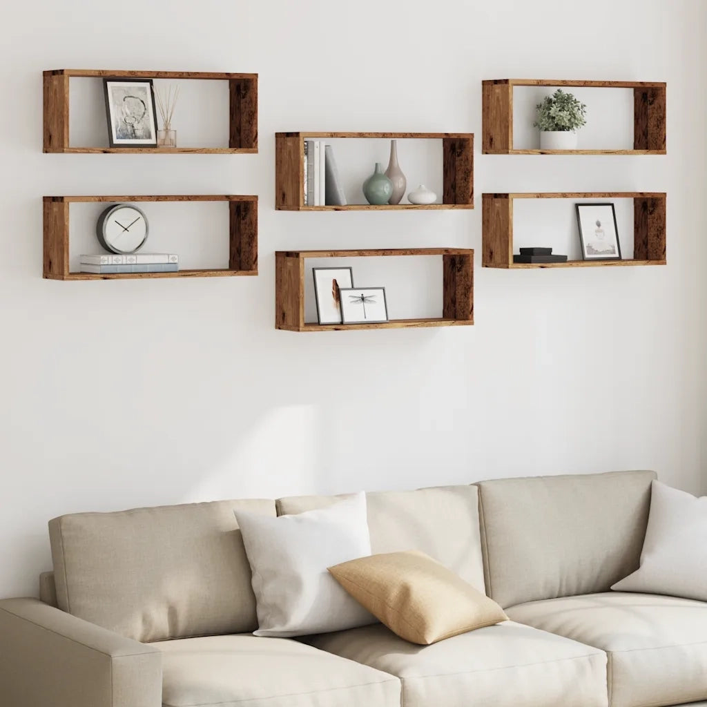 6 pz Mensole a Cubo Muro | Mensola a parete Legno Antico 60x15x23 cm in Truciolato