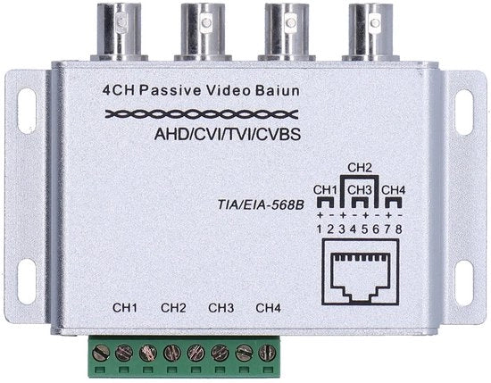 Ricevitore 4 canali HD passivo - Balun passivo - Videovigilanza - Videoconferenze - Trasmissione cavo coaxiale - Lunghezza massima 450 metri - Balun video