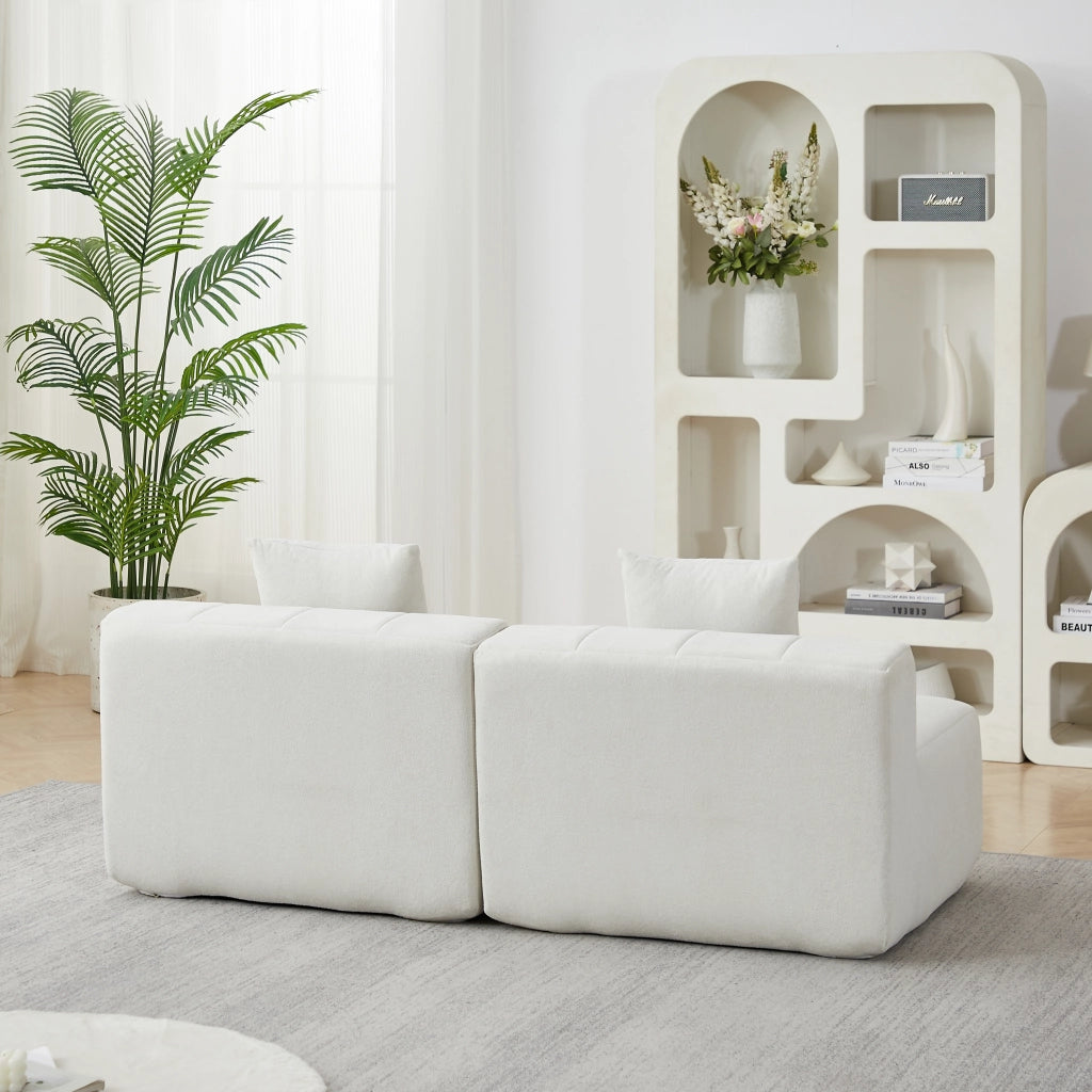 DIVANO Modulare Curvo 4 Posti in Chenille Beige con 2 Cuscini