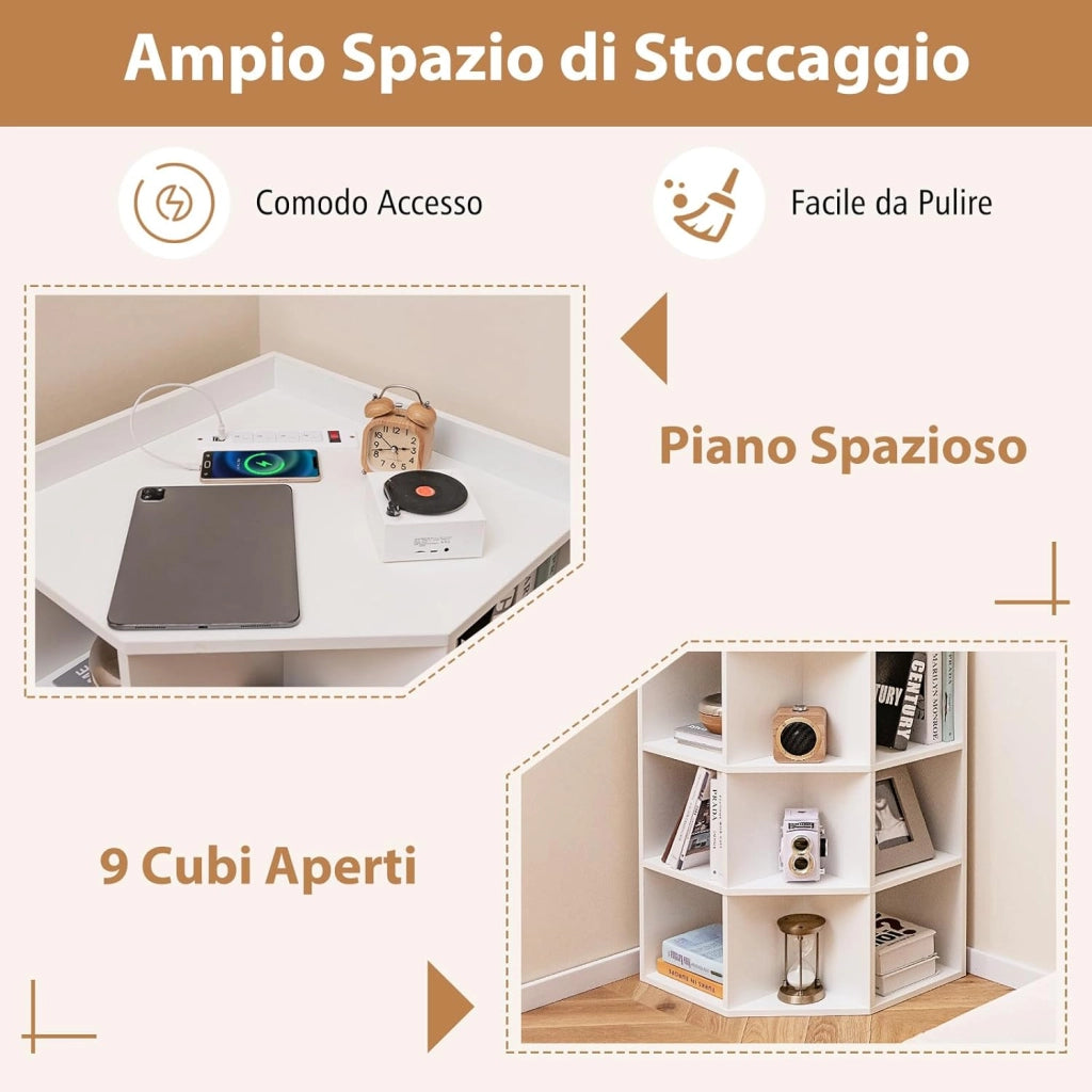 Mobile ad Angolo a 3 Livelli in Legno, Libreria Angolare Aperta con Stazione di Ricarica 9 Cubi 2 Porte USB e 4 Prese, Adatto per Spazi Ridotti, 51x71,5x86 cm (Bianco)