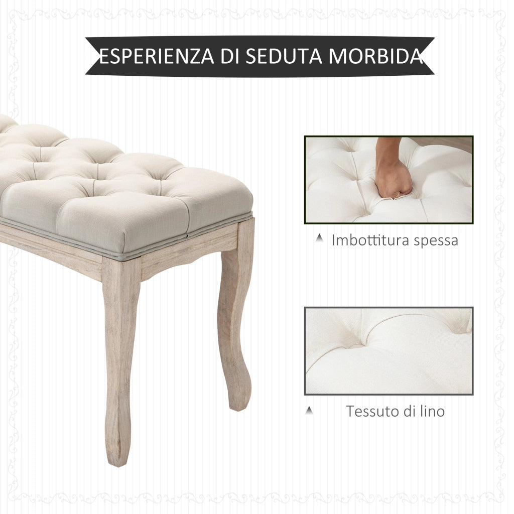 EasyComfort Panca Fondoletto Vintage con Seduta Imbottita in Tessuto e Gambe in Legno, 110x40x48cm, Beige
