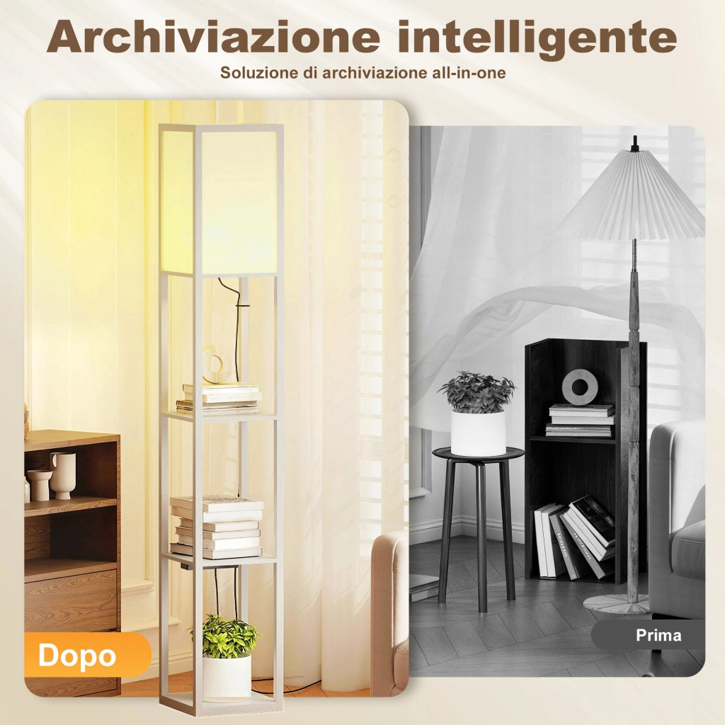 Lampada da Terra con Ripiani, Luce Regolabile, Interruttore a Pedale e Porte USB, Bianco