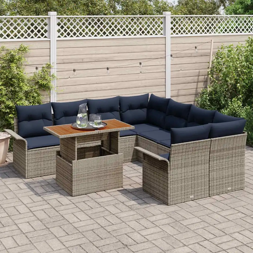 Set Divano da Giardino 9 pcs Grigio e Blu Navy polyrattan 3349317