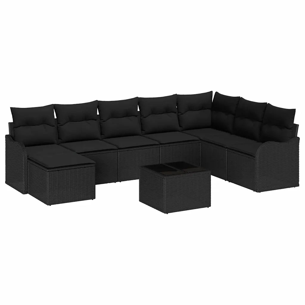 Set Divano da Giardino con cuscino 9 pcs Nero Poly Rattan