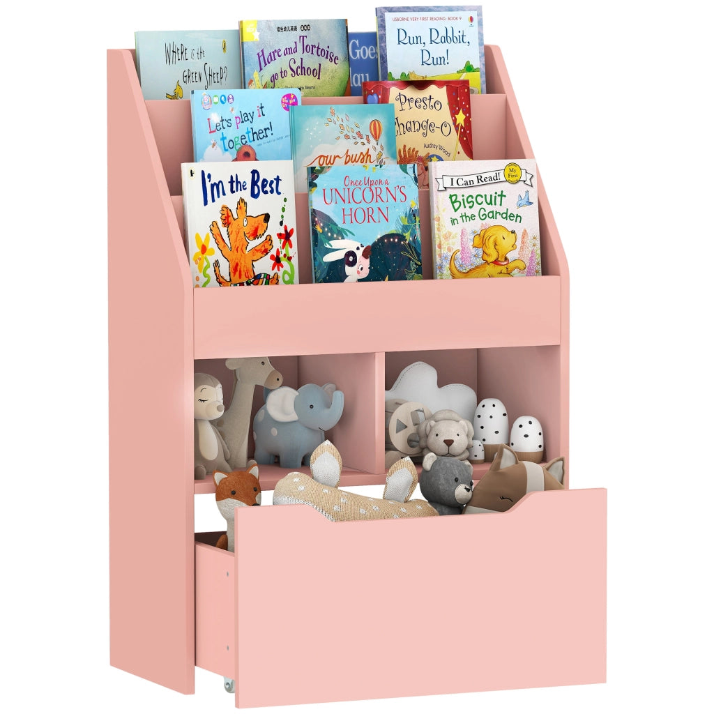 Piccola Libreria per Bambini con Ripiani e Cassetto in MDF, 60x29.9x90cm, Rosa