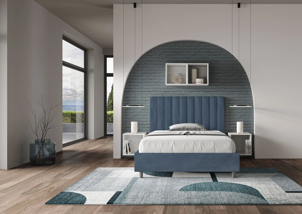 BS COM Letto una piazza e mezza con rete imbottito 120x210 microfibra blu